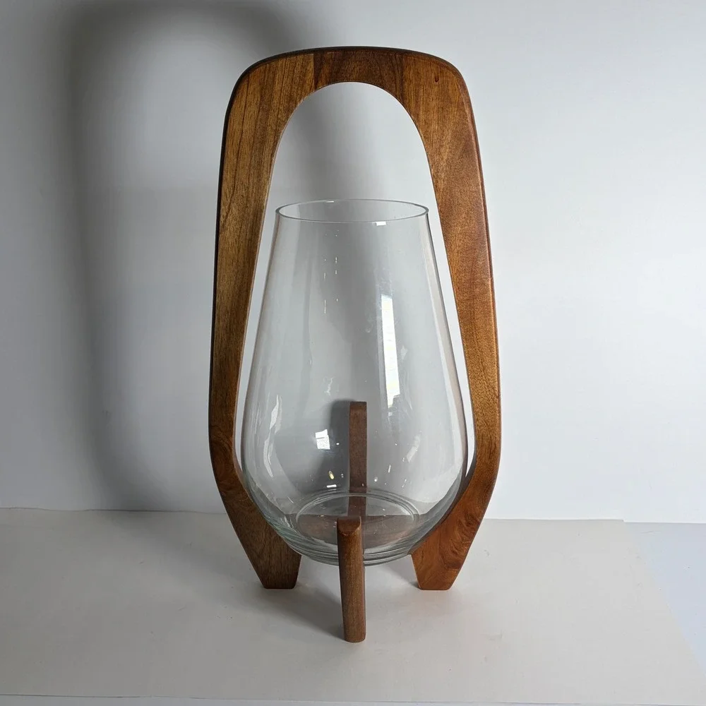 MCM Glass Hurricane Lantern Wood Arched Handle Tripod Base Decor 18